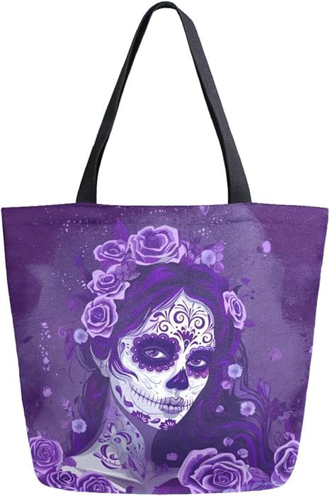 Fashion Extra Large Shoulder Grocery Tote Bag, Sugar Skull Makeup Girl Purple Canvas Daily Handle Bag for Gym Yoga Weekender Beach Travel Picnic Kitchen Reusable Market Shopping - sugar skull handbags for sale