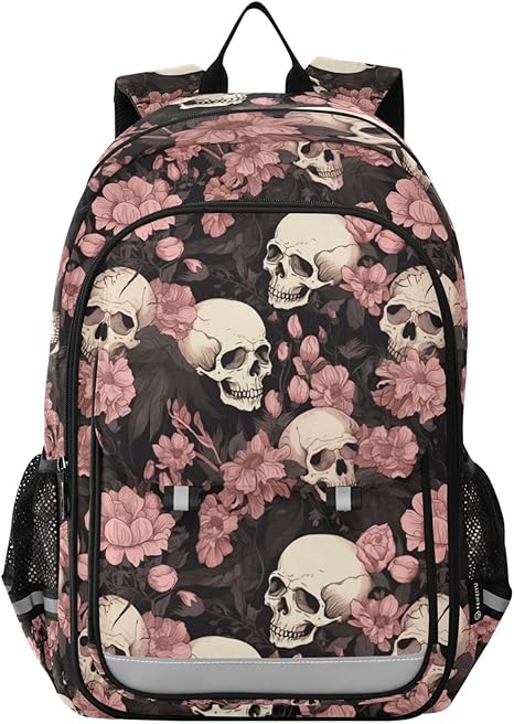Skeleton Skull Pink Flowers School Backpacks Travel Laptop Bag Kids Bookbag for Girls Boys Teens Women Men - best sugar skull backpack