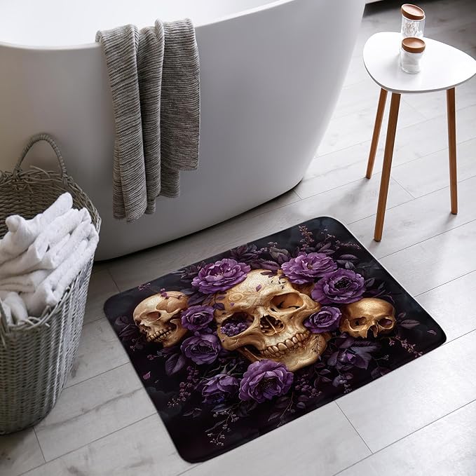 AMFD Gothic Skull Bath Mat Purple Floral Skeleton Vintage Day of The Dead Halloween Bathroom Bathtub Floor Rugs Doormat Toilet Decor,18 x 30 in - sugar skull floor mat