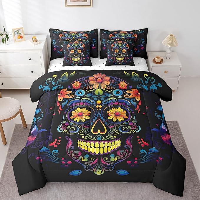 Erosebridal 7 Pcs Comforter Set King Size,Trippy Sugar Skull Bed in a Bag with Flat Sheet and Fitted Sheet for Kids Teens Adult,Gothic Skeleton Bedding Set with Pillowcase & Sham Halloween Decor - sugar skull throw pillow