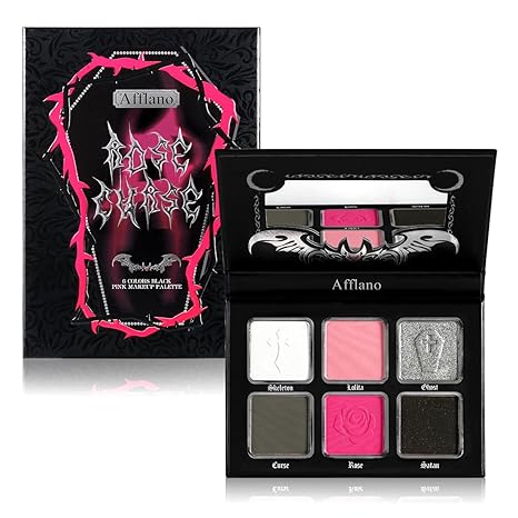 Afflano Goth Pink Eyeshadow Palette, Black Silver Pink Smokey Eyes Makeup Eyeshadow Pallet With Mirror, for Goth Girls Women Long Lasting Daily Valentine makeup, Emo Halloween Clown SFX Gothic Looks - sugar skull makeup kit