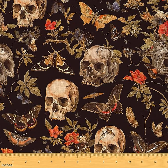 Feelyou Sugar Skull Fabric by The Yard 1 Yard Botanical Flowers Decorative Waterproof Outdoor Fabric Butterfly Gothic Skeleton Upholstery Fabric for Chairs Halloween Themed DIY Reupholstery Fabric - sugar skull throw pillow