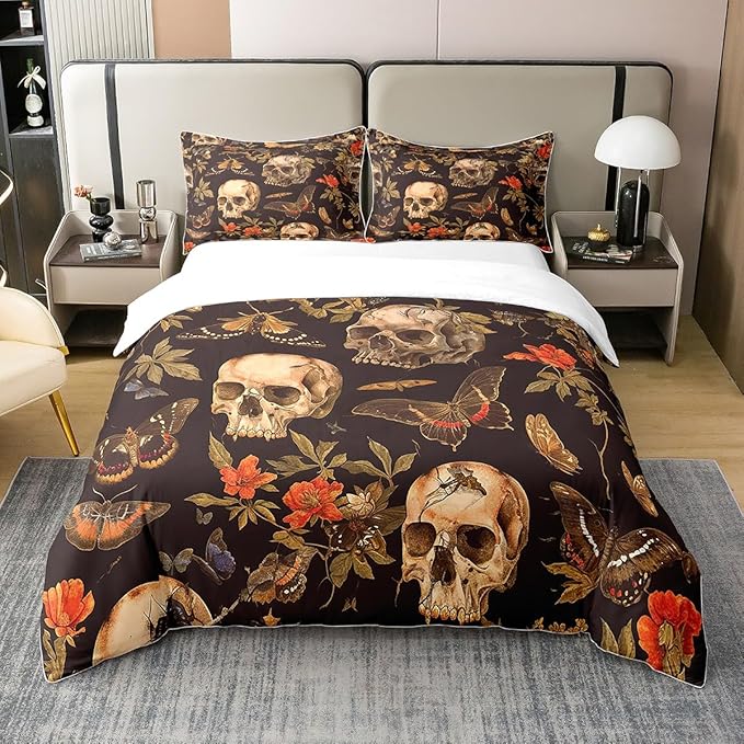 Feelyou Sugar Skull Bedding Set Twin Size Kids Botanical Flowers Comforter Cover Set for Boys Girls Teens Butterfly Gothic Skeleton 100% Cotton Duvet Cover Halloween Themed（No Comforter - sugar skull bedding set