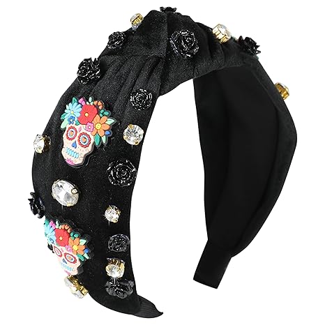 Halloween Skull Headband for Women Black Knotted Velvet Headband Wide Top Knot Crystal Rose Flower Embellished Hairband Halloween Hair Accessories Spooky Costume Gifts - sugar skull flower crown