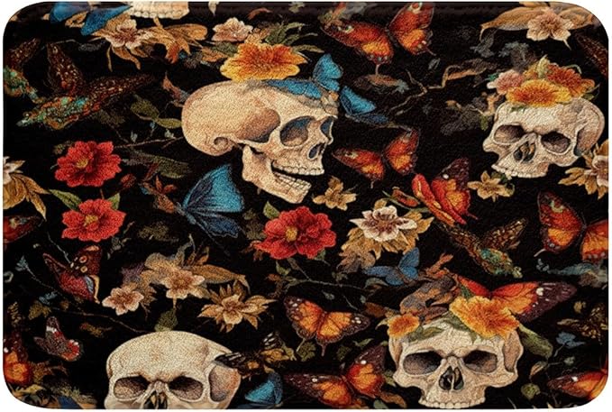 Feelyou Sugar Skull Bathroom Rugs 20"x32" Botanical Flowers Print Bath Rugs for Shower Tub for Boys Girls Teens Butterfly Gothic Skeleton Bath Mats for Bathroom Halloween Themed Bathroom Accossories - sugar skull toilet mat set
