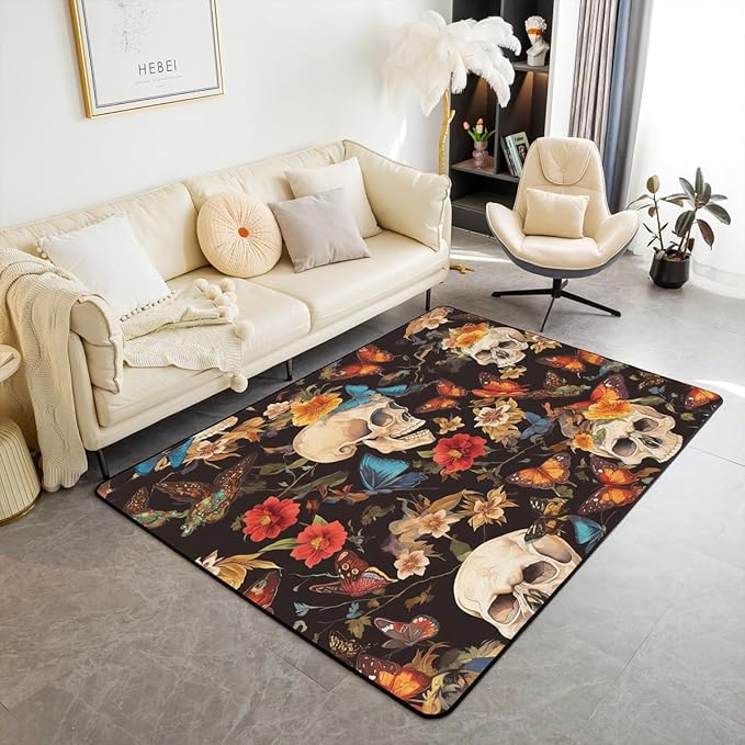 Feelyou Sugar Skull Area Rug 3x5 Kids Botanical Flowers Print Decorative Rug for Boys Girls Teens Butterfly Gothic Skeleton Living Room Rugs Halloween Themed Indoor Floor Mat - sugar skull floor mat