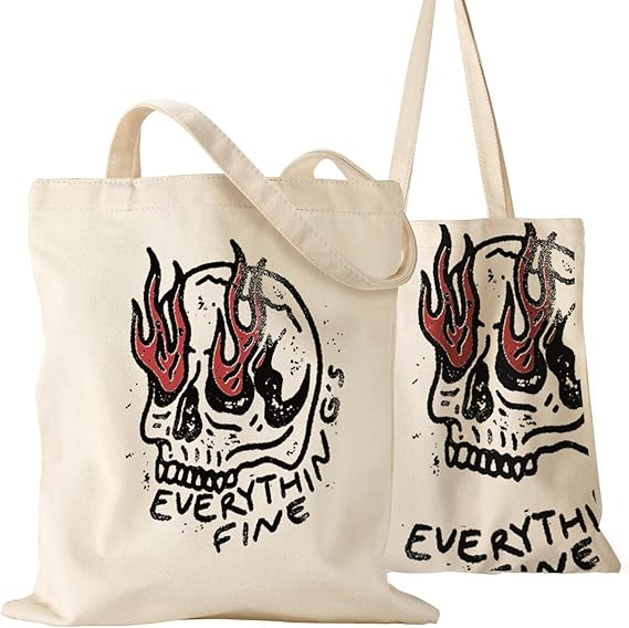 Aesthetic Canvas Tote Bag for Women - Sturdy Cloth Cotton Totes Bag with Pattern Shoulder Bag - canvas sugar skull tote bag