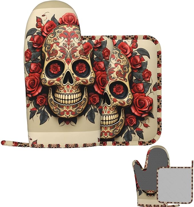 Oven Mitts and Pot Holders 2 pcs Heat Resistant Oven Glove Red Rose Sugar Skull Oven Mitt Non-Slip Oven Gloves for Cooking Kitchen Hot Pads for Grilling Microwave Baking BBQ - sugar skull oven mitts