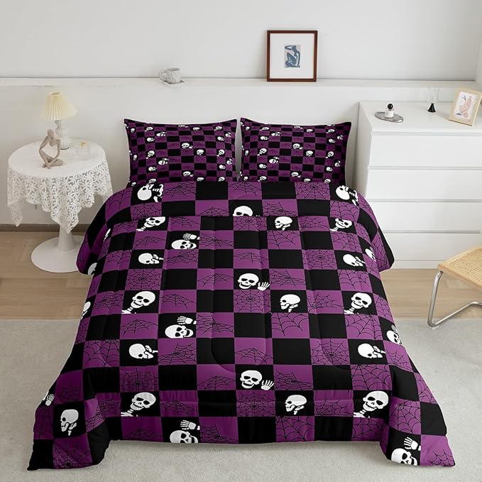 Feelyou Purple Sugar Skull Bedding Set Kids Skeleton Comforter Set Spider Web Comforter for Women Men Room Decor Halloween Themed Duvet Set, Twin Size - sugar skull bedding set