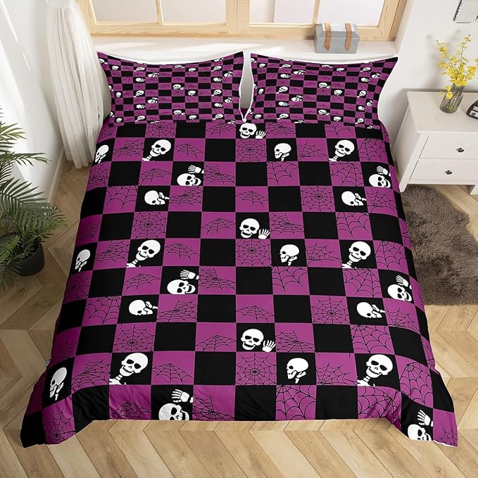 Feelyou Purple Sugar Skull Bedding Duvet Cover Set Kids Skeleton Bedding Set Spider Web Comforter Cover Set for Women Men Room Decor Halloween Themed Bedspread Cover, King Size, No Comforter - sugar skull bedding set