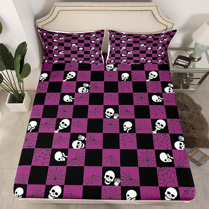 Feelyou Purple Sugar Skull Bed Sheet Set Kids Skeleton Fitted Sheet Spider Web Bedding Set for Women Men Room Decor Halloween Themed Bed Cover Deep Pocket, Twin Size - sugar skull bedding set
