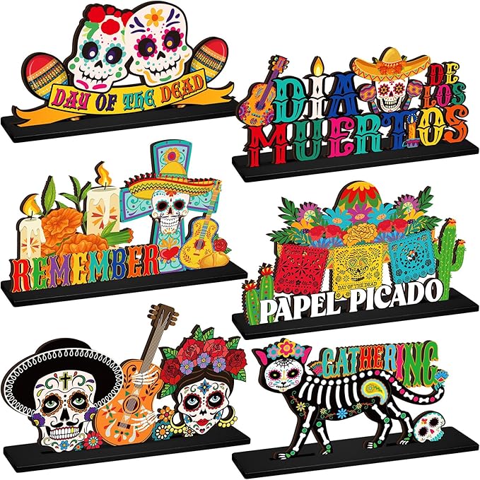 6 Pcs Dia De Los Muertos Altar Table Decorations Day of The Dead Wooden Table Centerpiece Sugar Skull Decor Mexican Tabletop Detachable Sign for Halloween Party Supplies - sugar skull figurine collectible