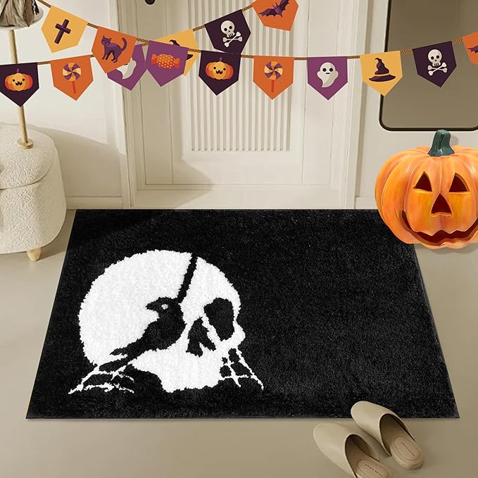 Halloween Bathroom Rugs Black White Bath Mats Skull Nightmare Before Christmas Home Decor Bath Rugs for Bathroom, Bedroom Washable Absorbent Carpet 20"x 32" - sugar skull toilet mat set