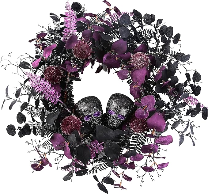 20" Halloween Wreaths for Front Door, Black Glitter Skulls Purple Eucalyptus Leaves Halloween Horror Decor, Gothic Party Room Decoration - sugar skull wreath for front door