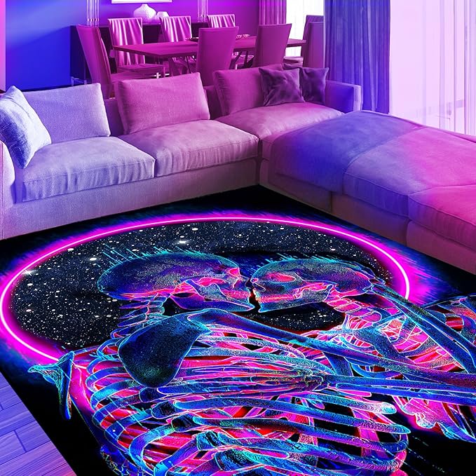 Blacklight Kiss Skull Area Rug, Neon UV Reactive Couple Skeleton Throw Rug, Romantic Fluorescent Luminous Floor Mat Carpet, Glow in The Dark Decor for Bedroom Lover Gift 70x47inch - sugar skull area rug