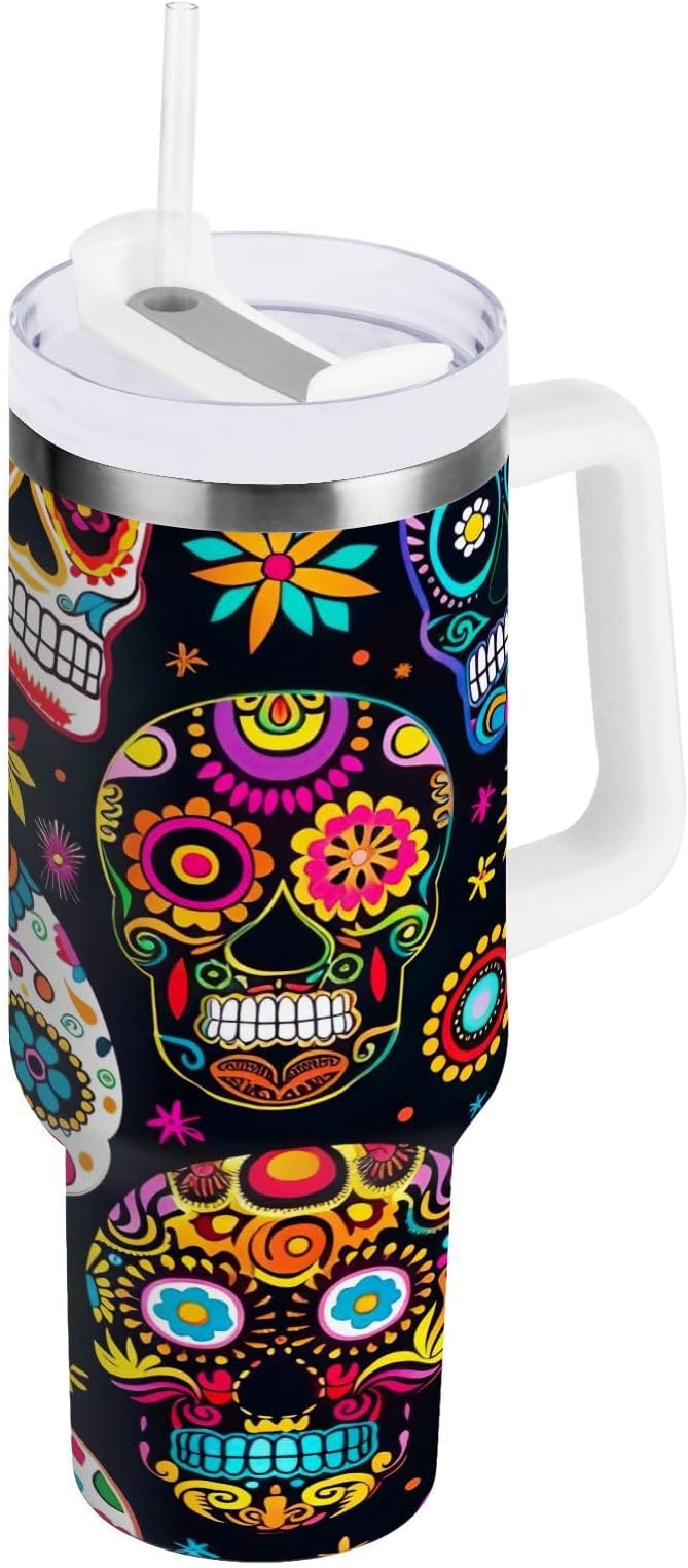 Nander 40oz Beautiful Sugar Skull Tumbler with Handle and Straw Lid,Insulated Coffee Cup Reusable Stainless Steel Water Bottle Travel Mug Cupholder,Keeps Cold or Hot - sugar skull tumbler with straw