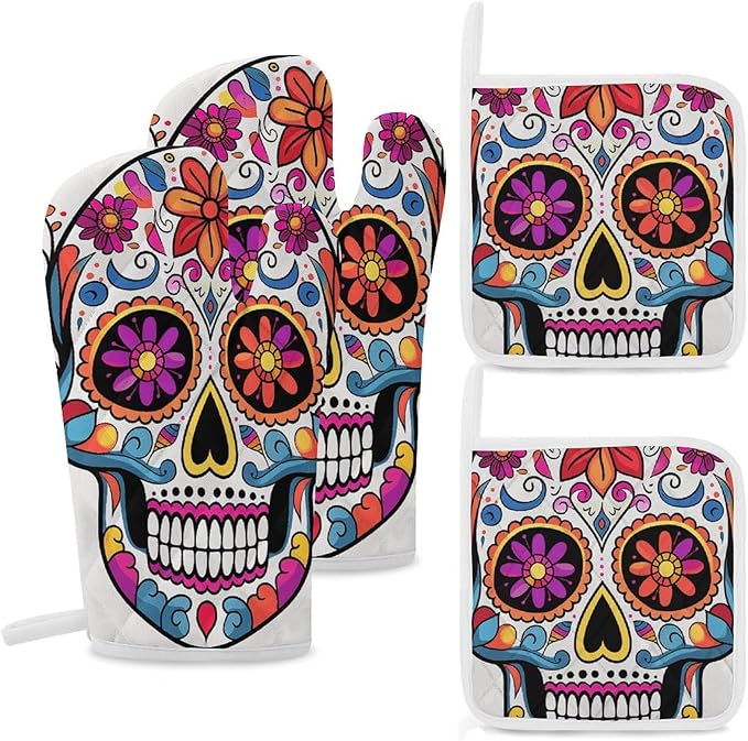 Oven Mitts and Pot Holders Sets of 4 Heat Resistant Oven Mitts with Hot Pads Sugar Skull Oven Mitts Non-Slip Kitchen Oven Gloves Washable Potholders for Cooking BBQ Baking Grilling - sugar skull oven mitts