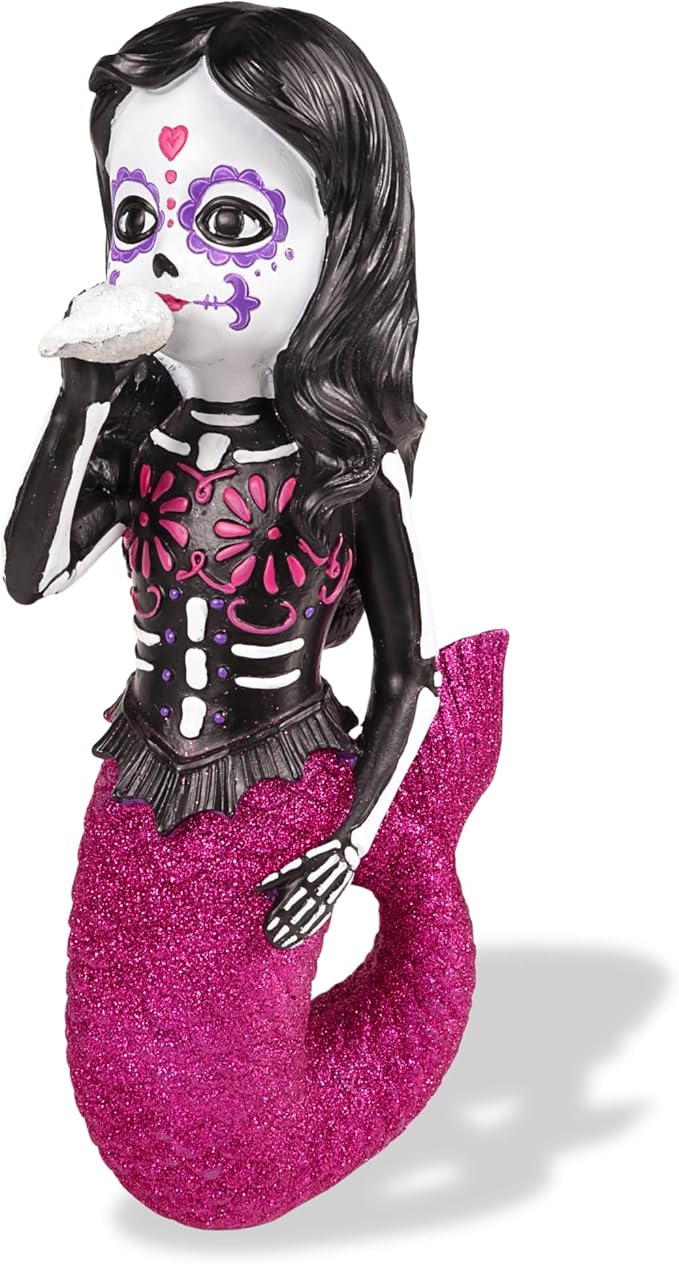 Needzo Large Dia De Los Muertos Sugar Skull Mermaid, Catrinas Mexicanas Tabletop Figurine, of The Dead Halloween Decorations, 13.5 Inches - sugar skull garden decor