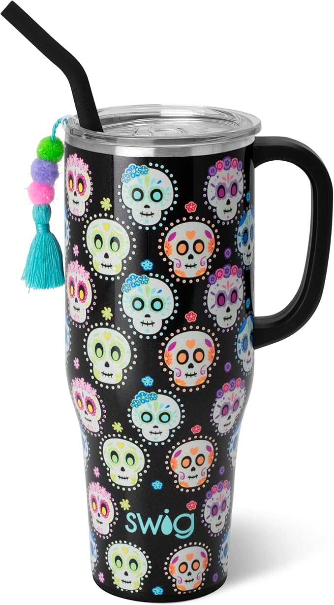 Swig Life 40oz Mega Mug, 40 oz Tumbler with Handle and Straw, Cup Holder Friendly, Dishwasher Safe, Extra Large Insulated Tumbler, Stainless Steel (Sugar Skulls) - sugar skull tumbler with straw