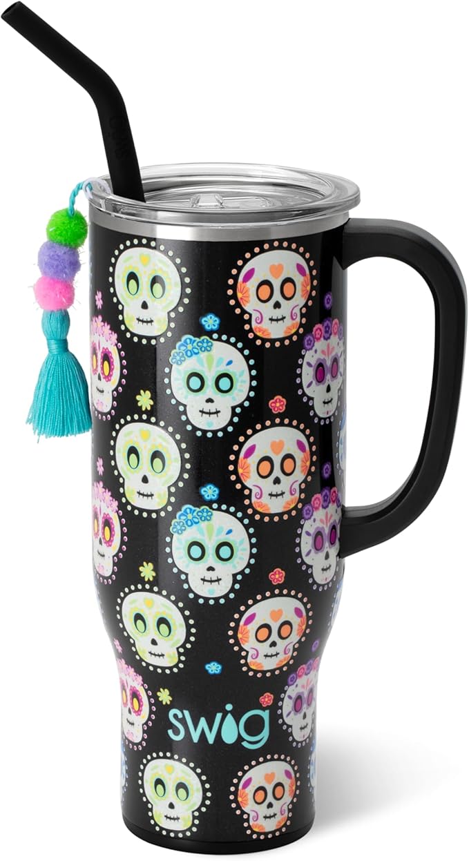 Swig Life 30oz Mega Mug, 30 oz Tumbler with Handle and Straw, Cup Holder Friendly, Dishwasher Safe, Extra Large Insulated Tumbler, Stainless Steel Water Bottle (Sugar Skulls) - sugar skull coffee cup