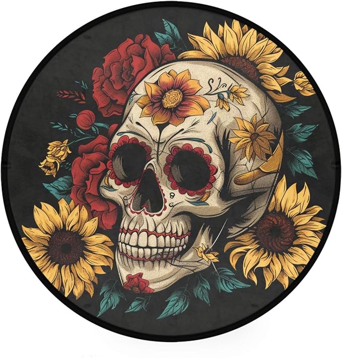 ALAZA Sugar Skull Peonies and Sunflowers Round Floor Mat Non-Slip Absorbent Floor Mat for Living Room Bedroom Study Room,36.2 inch Diameter - sugar skull floor mat