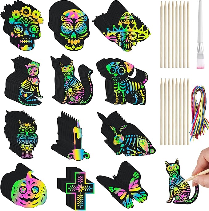 96 Pcs Day of The Dead Scratch Paper Kit Dia De Los Muertos Sugar Skull Scratch Paper Off Cards Day of The Dead Crafts for Halloween Scratchs Hanging Ornaments Crafts Gift Party Classroom Drawing - sugar skull christmas ornament