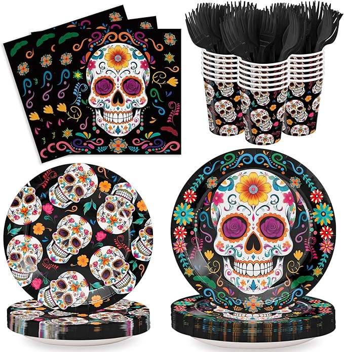 120pcs Day of the Dead Party Plates Napkins Dia de Los Muertos Party Supplies Sugar Skull Paper Dessert Plates Cups Forks for Day of the Dead Party Decoration Serve 24 - sugar skull plates set
