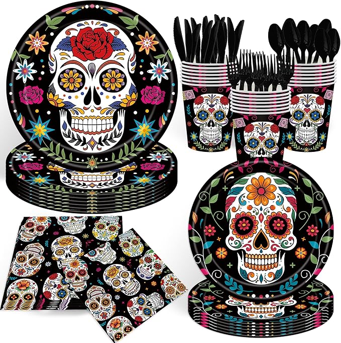 140Pcs Day of the Dead Party Supplies Sugar Skull Tableware Set Día de los Muertos Party Decorations Plates and Napkins, Halloween Birthday Party Supplies,Serve for 20 Guests - sugar skull plates set