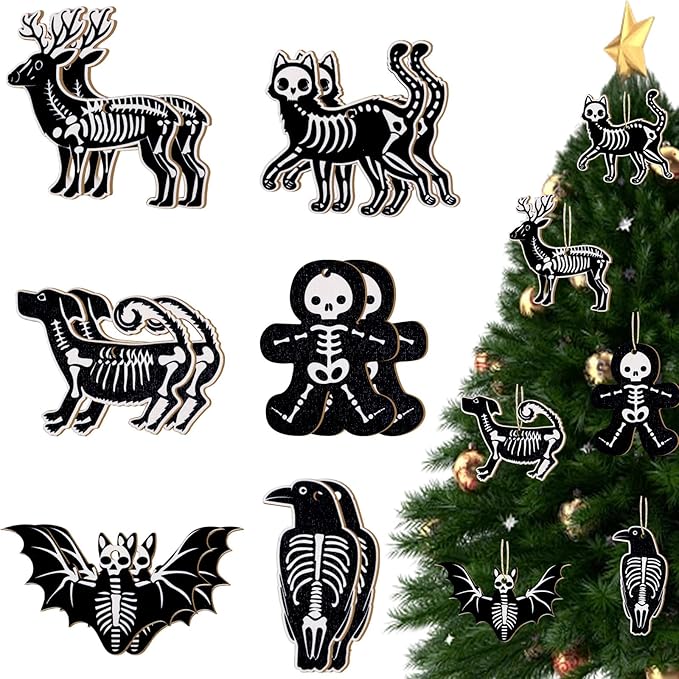 Cheereveal 24Pcs Wooden Christmas Gothic Skeleton Ornaments, Gothic Skeleton Hanging Pendants for Xmas Holiday Halloween Party Tree Wall Home Office Decorations Supplies - sugar skull christmas ornament