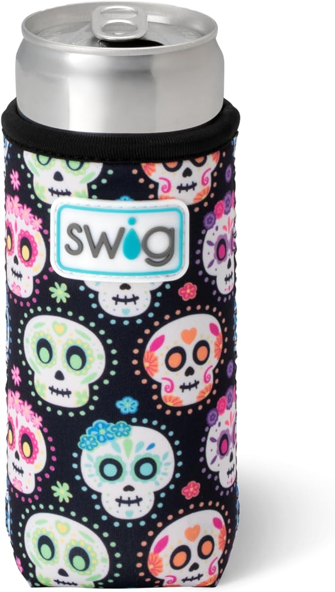 Swig Life Skinny Can Coolie, 12oz Slim Can Holder, Neoprene Insulated Cooler with Pocket, Covers for Tall Beer Bottles, Beach Accessories for Women (Sugar Skulls) - sugar skull tumbler with straw