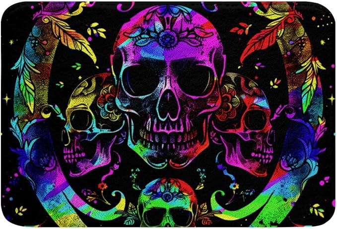 Erosebridal Hippie Sugar Skull Bathroom Rug Non Slip Halloween Theme Bath Mat, Boho Gothic Skull Shower Mat Rainbow Tie Dye Watercolor Bath Rug, Skull Skeleton Bath Carpet - sugar skull area rug