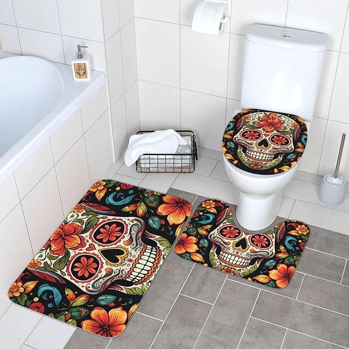 Bathroom Rugs Set 3 Piece Bath Mat Set Non-Slip Bath Rugs Colorful Sugar Skull Bath Mat Washable Bathroom Rug Mats for Bathroom Home Decor Bathroom mat for Shower Tub Bedroom - sugar skull toilet mat set