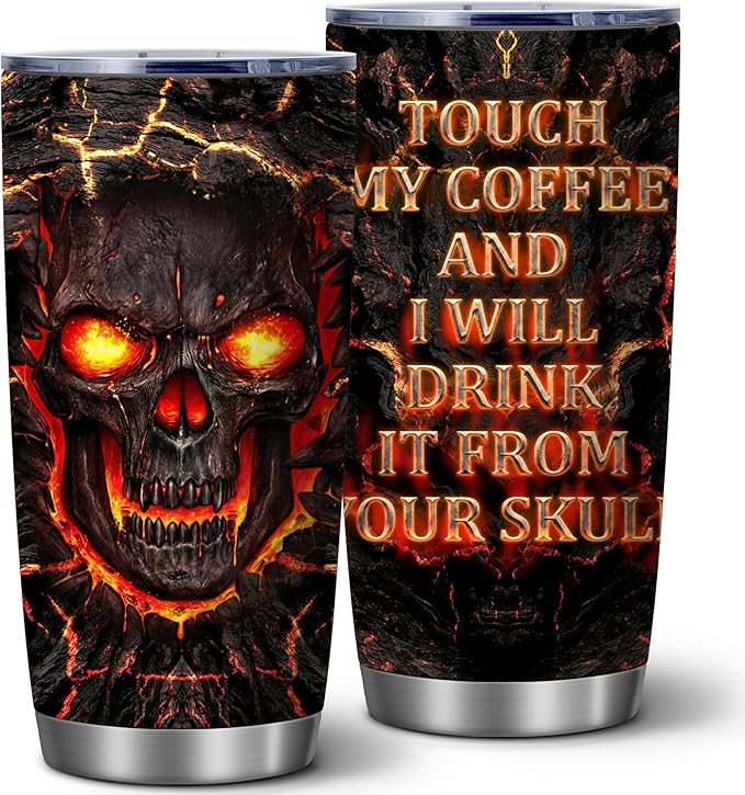 Funny Skull Tumbler for Men - 20oz Insulated Stainless Steel Vacuum Coffee Mug - Fire Lava Design - Birthday Gifts for Men(Pack of 1) - sugar skull tumbler with straw