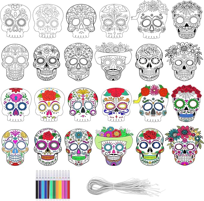 MineIdea 24 Pack Day of The Dead DIY Masks, Color You Own Sugar Skull Mask Painting Dia De Muertos Halloween Paper Masks with 12 Watercolor Pens and Elastic Headbands for Halloween Party, Crafts - sugar skull flower crown