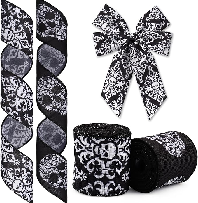 2 Rolls Halloween Ribbon for Wreath Bows Wrapping Gifts, Black White Skull Day of The Dead Ribbons for Gift Wrapping Halloween Dia de Los Muertos Party Decoration DIY Craft 2.5" X 10 Yards - sugar skull wreath for front door