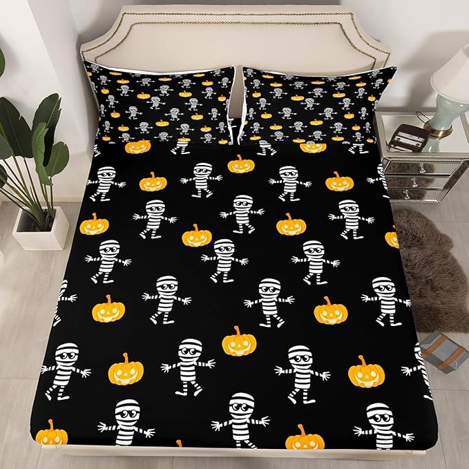 Feelyou Halloween Theme Fitted Sheet Queen Size Kids Sugar Skull Bedding Set for Boys Girls Teens Mummy Bed Sheet Set Pumpkin Lantern Gothic Bones Style Bed Cover Deep Pocket - sugar skull throw pillow