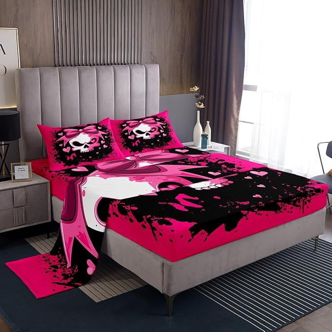 Feelyou Sugar Skull Sheet Set Queen Size Kids Skeleton Design Sheets with Deep Pocket Fitted Sheet for Boys Girls Teens Pink Bowknot Bed Sheets Set Halloween Theme Bedding Set - sugar skull bedding set