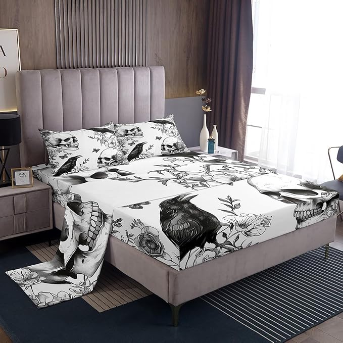 Feelyou Sugar Skull Sheet Set Queen Size Happy Halloween Bed Sheets Set for Boys Girls Teens Room Decor Horror Theme Sheets with Deep Pocket Fitted Sheet Women Men Raven Animal Print Bedding Set 4Pcs - sugar skull bedding set