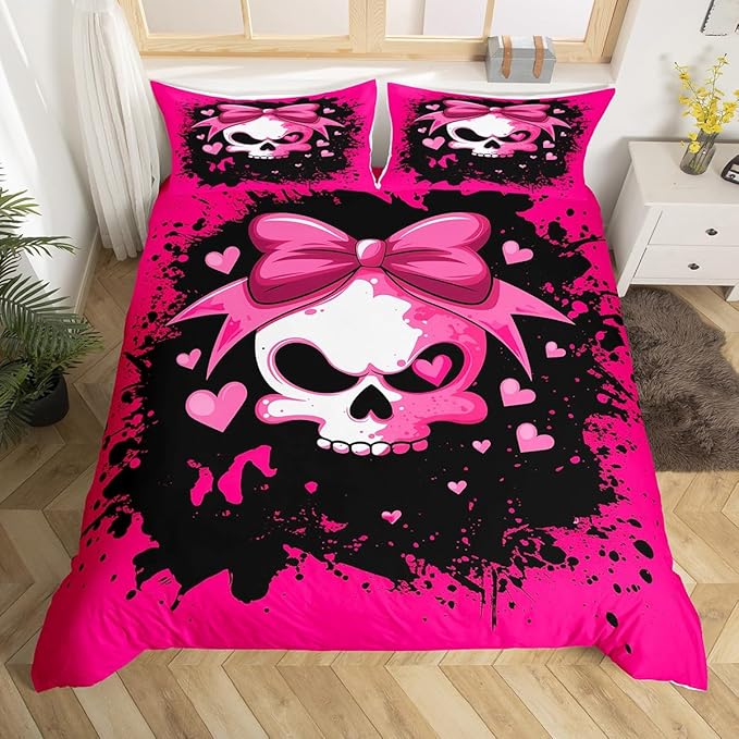 Feelyou Sugar Skull Bedding Set Queen Size Kids Skeleton Design Comforter Cover Set for Boys Girls Teens Pink Bowknot Duvet Cover Halloween Theme Bedspread Cover（No Comforter - sugar skull throw pillow