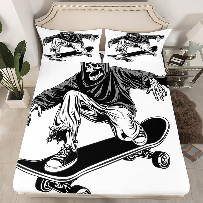 Feelyou Cool Sugar Skull Fitted Sheet Twin Size Kids Skateboard Bedding Set for Boys Girls Teens Hip Hop Street Culture Bed Sheet Set White Halloween Theme Bed Cover Deep Pocket - sugar skull bedding set
