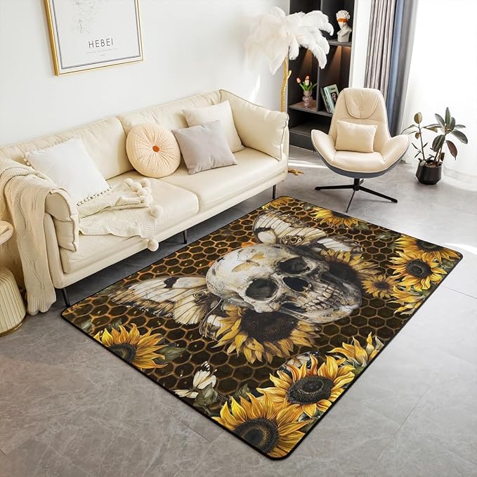 Erosebridal Sugar Skull Area Rug 3X5,Gothic Butterfly Indoor Floor Mat,Yellow Sunflower Decorative Rug,Geometric Hexagons Carpet for Home Decorative,Honeycomb Decorative Accent Rug,Washable,Washable - sugar skull area rug