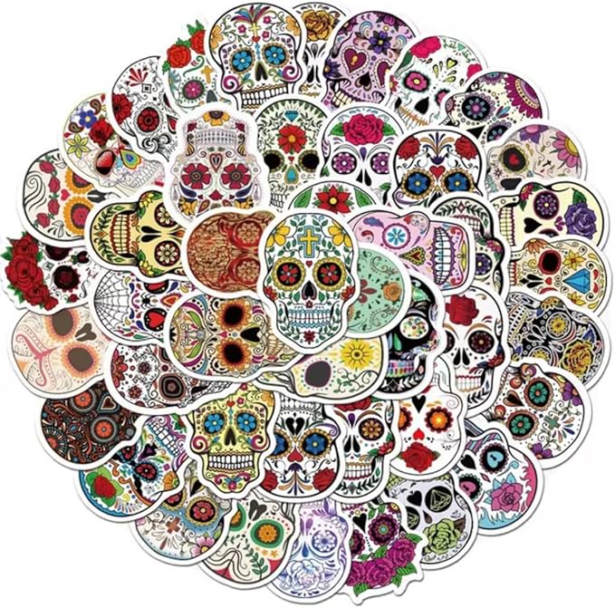 Vibrant 50-Pack Sugar Skull Sticker Pack – Perfect for Crafting, Decorating, and Celebrating Day of The Dead - sugar skull vinyl sticker