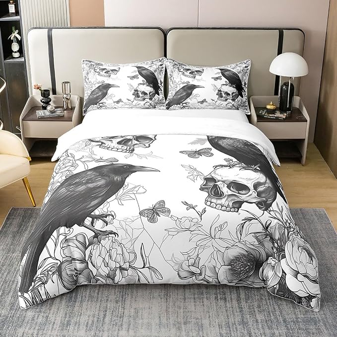Feelyou Happy Halloween Duvet Cover 100% Cotton Twin Sugar Skull Bedding Set for Kids Boys Girls Decor Horror Theme Comforter Cover Set Raven Animal Print Bedspread Cover Bedroom, No Comforter - sugar skull bedding set