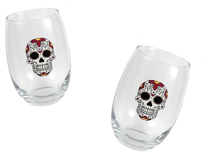 Spreading Love 2 You:(2) Colorful Day of the Dead Sugar Skull Stemless Wine Glasses. great to add to your decor. Dia de los Muertos, Holiday, Halloween and more - sugar skull wine glass