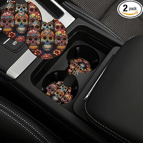 Car Cup Holder Coasters 2 Pack Non-Slip Insert Car Coaster with A Finger Notch Round Car Drink Coaster Colorful Sugar Skulls Car Cup Mat Pad Cute Car Interior Assecories for Most Car - sugar skull car floor mats