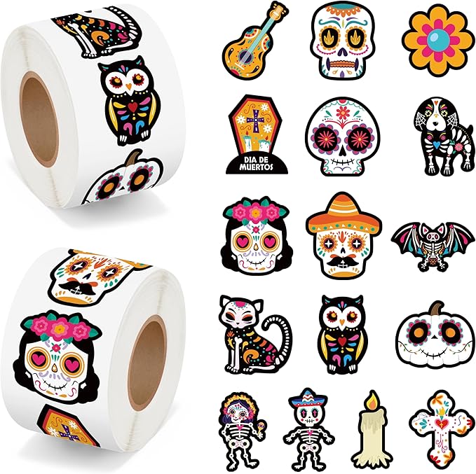 BeYumi Sugar Skull Roll Stickers - 1000Pcs Day of The Dead Stickers in 2 Rolls Dia de Los Muertos Sugar Skull Decals for Kids Halloween Mexican Festival Party Supplies Classroom Guitar Bottle Decor - sugar skull temporary tattoo