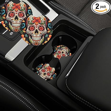 Car Cup Holder Coasters 2 Pack Non-Slip Insert Car Coaster with A Finger Notch Round Car Drink Coaster Colorful Sugar Skull Car Cup Mat Pad Cute Car Interior Assecories for Most Car - sugar skull car floor mats