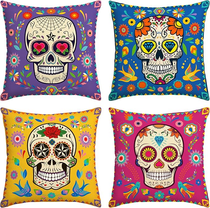 Day of The Dead Pillow Covers Dia De Los Muertos Throw Pillow Case Mexican Sugar Skull Marigolds Floral Decor Day of The Dead Decorations for Home Party - sugar skull throw pillow