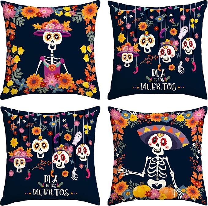 Day of The Dead Pillow Covers Dia De Los Muertos Throw Pillow Case Mexican Sugar Skull Marigolds Floral Decor Day of The Dead Decorations for Home Party - sugar skull throw pillow