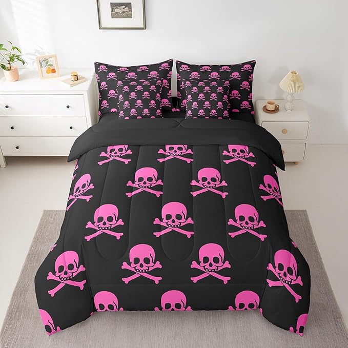 Feelyou Halloween Theme Comforter Queen Size 7 Pieces for Kids Sugar Skull Bedding Set Skull Pattern Pattern Pink Rose Skeleton Design Bed in a Bag with Comforter, Sheets, Pillowcases & Cushion Cover - sugar skull bedding set